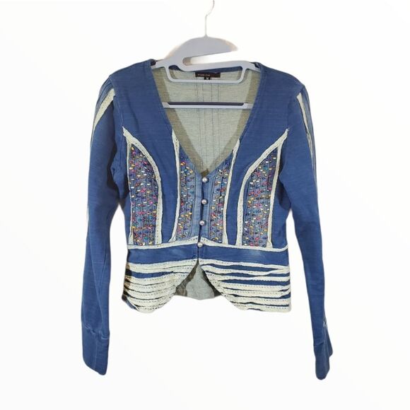 Freda Five Beaded Stretch Denim Boho Art to Wear Distressed Jacket - Picture 2 of 10